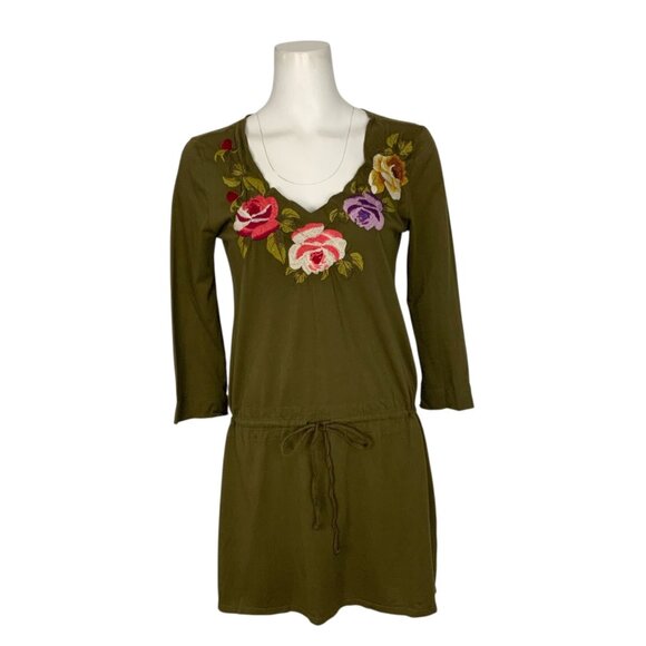 Johnny Was JWLA Tunic Dress S Green Floral Mini V-Neck Embroidered Fall Fashion - Picture 1 of 12